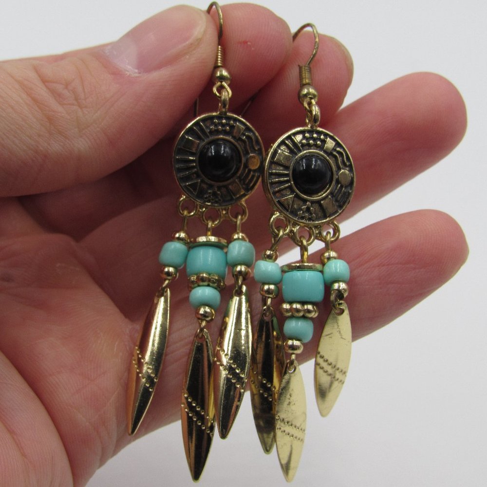 Vintage Black Inlay Beaded Dangle Earrings - Picture 1 of 5